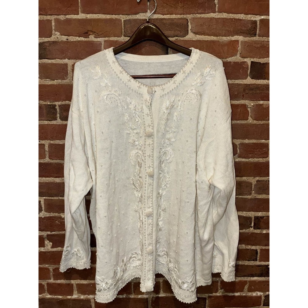 Embroidered Beaded Cardigan White Button Front Pearl Accents‎ Winter Christmas